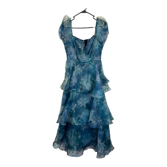 Lulu's Lulus Darling Vision Teal Floral Organza Puff Sleeve Tiered Midi Dress M - Picture 1 of 16